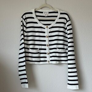 Jessica Simpson Striped Cropped Cardigan Black White Preppy Sweater XL